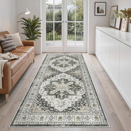 Vista 100 de Madane Alfombra lavable de 2 x 3 pies, alfombra de entrada pequeña, antideslizante, vintage, para entrada interior, alfombra de pelo bajo