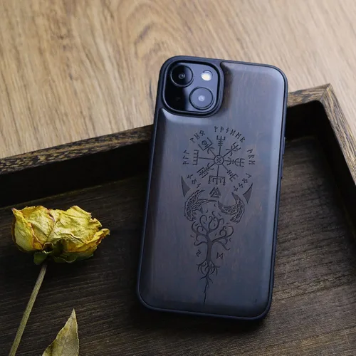 Vista 5 de Carveit Funda magnética de madera para iPhone 13 [madera real dura y TPU suave], funda protectora híbrida de madera única y elegante a prueba