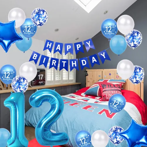 Vista 2 de Decoraciones de fiesta de cumpleaños número 12 azul para niñas, pancarta de cumpleaños número 12, globos de papel de aluminio de cumpleaños azul
