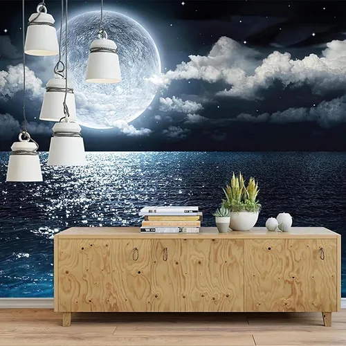 Vista 2 de Papel tapiz fotográfico grande 3D de luna brillante en el mar, murales de pared con vista nocturna de cielo nocturno, papel tapiz mural para sala