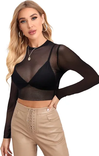 Vista 6 de Verdusa Camiseta básica de manga larga para mujer, de malla transparente