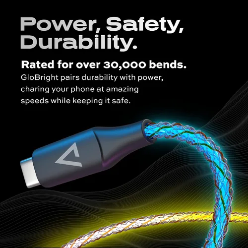 Vista 3 de Cable de carga LED trenzado GloBright Statik - Cable luminoso súper rápido de 100W, transferencia de datos, cable de carga para teléfono iluminado