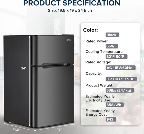 Vista 2 de Mini refrigerador de doble puerta con congelador de 3.2 pies cúbicos, mini refrigerador compacto con termostato ajustable y puerta reversible