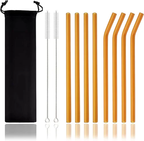 Vista 9 de JASHII Pajitas de vidrio reutilizables, pajitas transparentes de 7.87 x 0.3 pulgadas con cepillo limpio, estuche de viaje negro para bebidas Azul