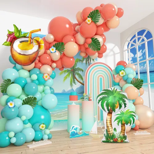 Vista 9 de Amandir Kit de guirnalda de arco de globos tropicales de 165 piezas, azul aguamarina, coral, rojo, rubor, verde pastel, globos de coco, hojas