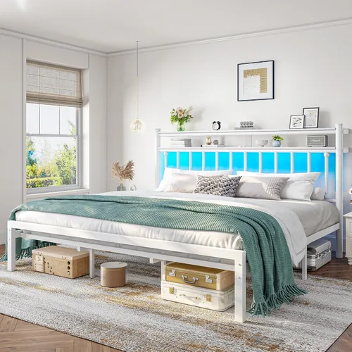Vista 12 de Homkdom Base de cama de metal de tamaño individual con luces LED inteligentes y cabecera de almacenamiento de 2 niveles, base de colchón resistente