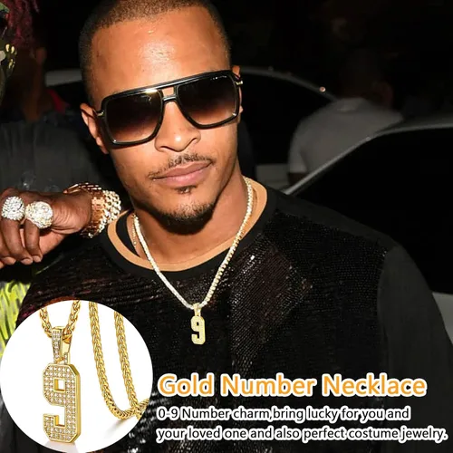Vista 5 de U7 Initial Number Necklace for Men Women, 18K Gold Plated Bling CZ Iced Out Hip Hop Jersey Number Pendant A-Z 26 Letter Necklace, Number 0-9