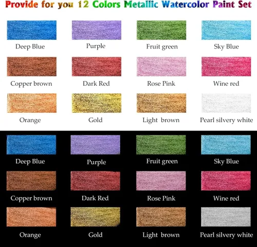 Vista 3 de Emooqi Juego de pinturas de acuarela, pintura sólida de acuarela con purpurina metálica, incluye 12 colores metálicos con purpurina, 2 pinceles