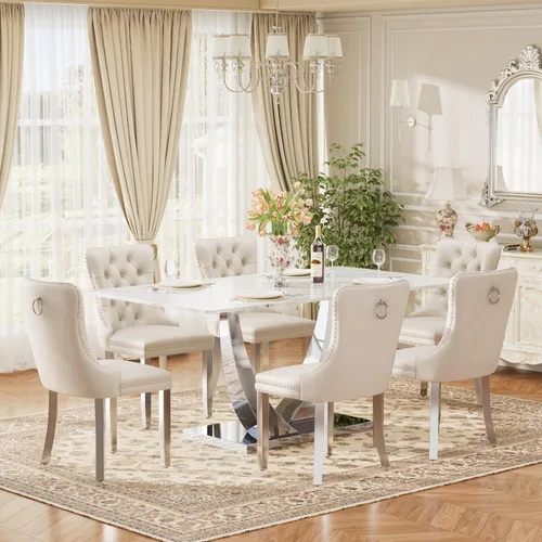 Vista 45 de Juego de mesa de comedor de cristal moderno de mediados de siglo para 4, 63 pulgadas, juego de comedor rectangular grande de lujo con parte superior