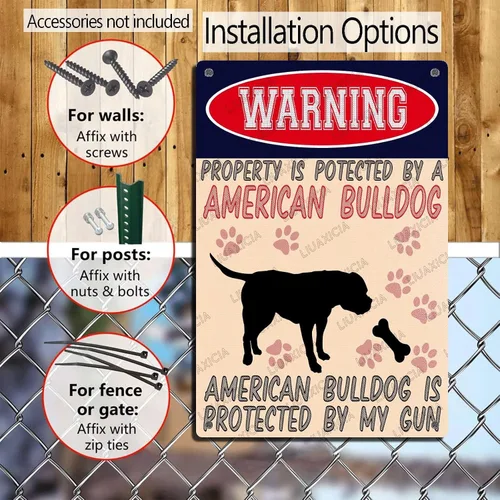Vista 4 de LIUAXICIA Letreros divertidos de metal con texto en inglés "Warning Property is Potected by A American Bulldog is Protected by My Gun" The Coffee