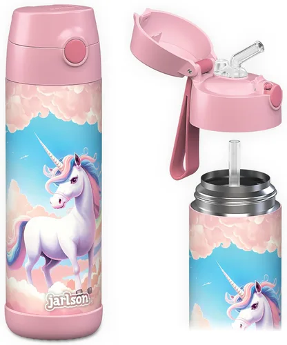 Vista 33 de Jarlson® CHARLI - Botella de agua para niños [12 onzas], botella térmica de acero inoxidable con pajilla, botella de agua aislada a prueba