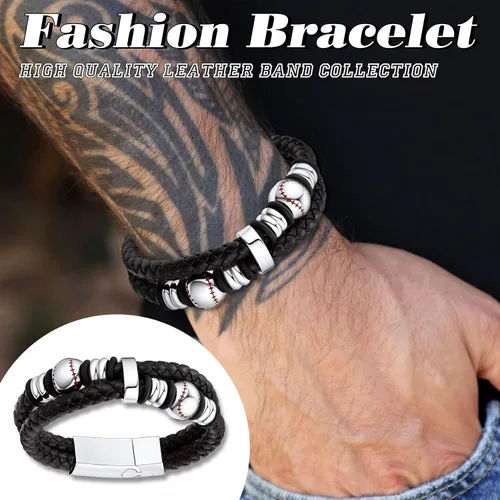 Vista 3 de Bestyle Mens Leather Bracelet with Stainless Steel BaseballSoccer Bead Bracelets for Men,Fashion Leather Bracelets for Men, Size 7.58.3Inch