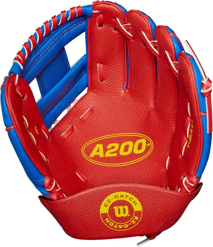 Vista 2 de Wilson A200 - Guantes de béisbol para jóvenes Real/Rojo/Amarillo