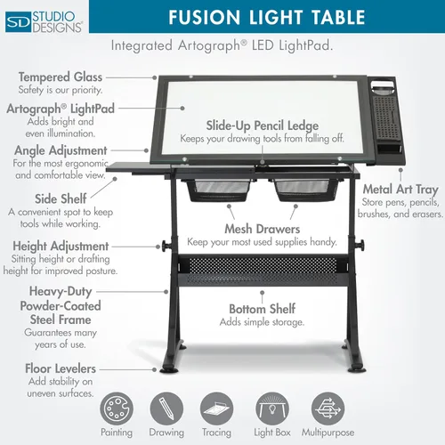 Vista 4 de Studio Designs Fusion Drafting Table with Integrated LED Light Pad, Height & Angle Adjustable Tempered Glass Light Table, Artograph Light Pad