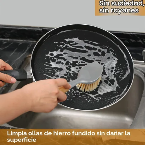 Vista 7 de 2 paquetes de cepillos de cocina con mango de bambú, limpiador de platos con raspador incorporado, cepillo de limpieza para sartenes, ollas