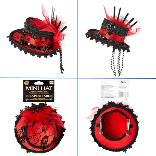 Vista 3 de Victoriano rojo y negro Mini cóctel Sombrero Tocado de encaje disfraz Burlesque nuevo