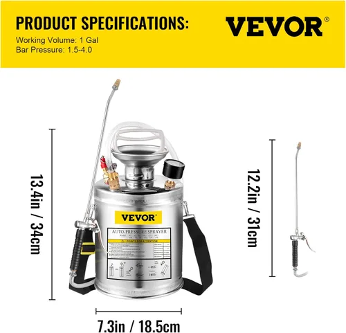 Vista 7 de Happybuy Pulverizador de bomba de acero inoxidable de 1 galón, varita de 12 pulgadas y manguera reforzada de 3 pies, medidor de presión, válvula