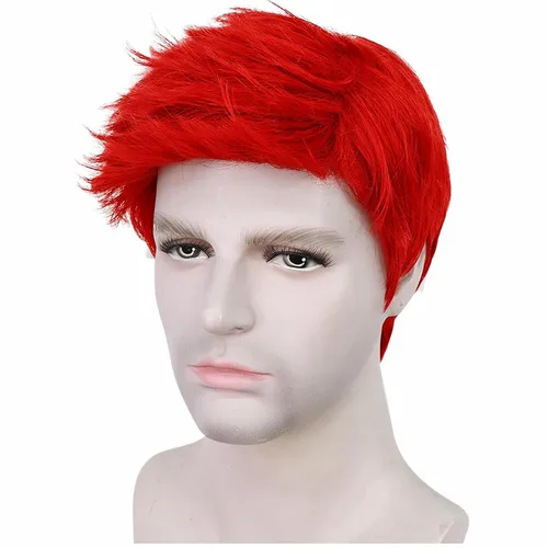 Vista 4 de Peluca roja para hombre, corta, recta, roja, en capas, resistente al calor, reemplazo de pelo sintético Rojo