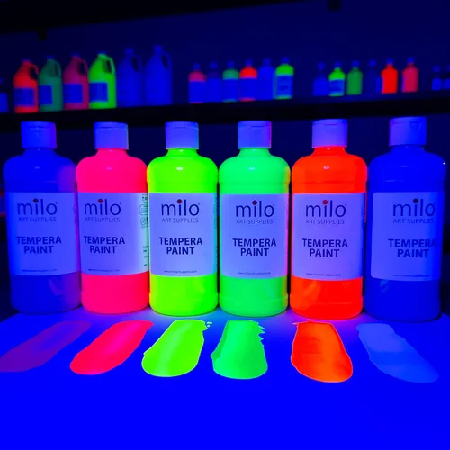 Vista 3 de milo Pintura de témpera fluorescente neón lavable, botellas de 16 onzas, 6 colores, fabricada en los Estados Unidos, brilla con luz ultravioleta