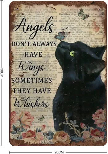 Vista 2 de Angels Don't Always Have Wings Sometimes They Have Whiskers - Letrero de hojalata vintage floral negro gato amante de los gatos, placa vintage