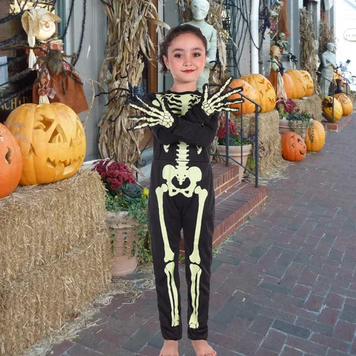Vista 4 de Disfraz de esqueleto para niños, disfraz de Halloween que brilla en la oscuridad, huesos blancos, traje de cuerpo elástico para niños y niñas