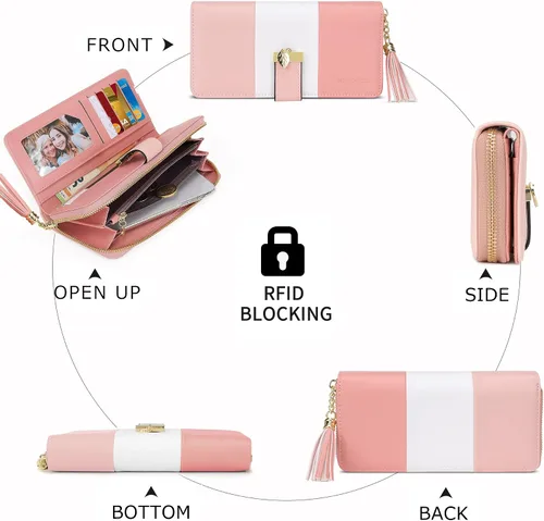 Vista 6 de Carteras RFID para mujer con múltiples ranuras para tarjetas y compartimento para teléfono celular, cartera para mujer, Rosa SakuraBlancoRosa