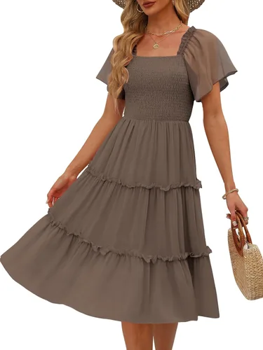 Vista 21 de LILLUSORY Vestido midi fruncido con cuello cuadrado y mangas con vuelo Negro