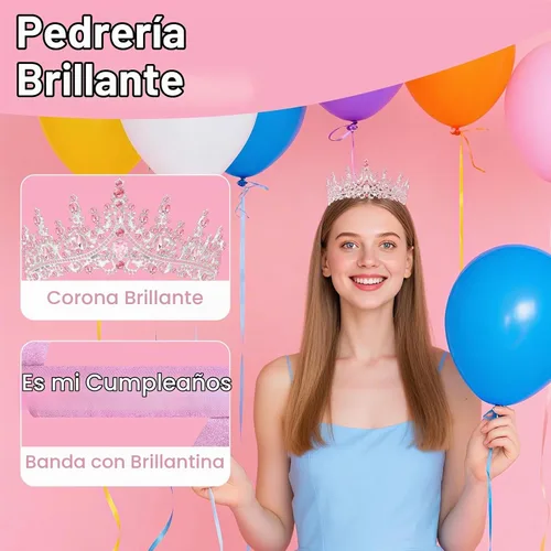 Vista 5 de Tiara de cumpleaños y corona con banda, tiara de cumpleaños para fiesta de mujeres (rosa)