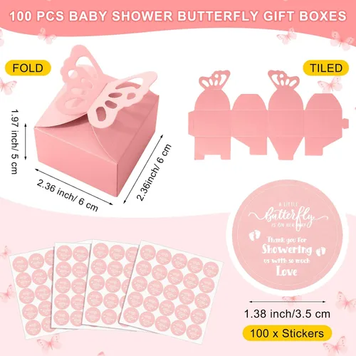 Vista 2 de Fulmoon 100 cajas de regalo de mariposa para baby shower, cajas de regalo de mariposa rosa, caramelo rosa, regalo de baby shower con 100 etiquetas