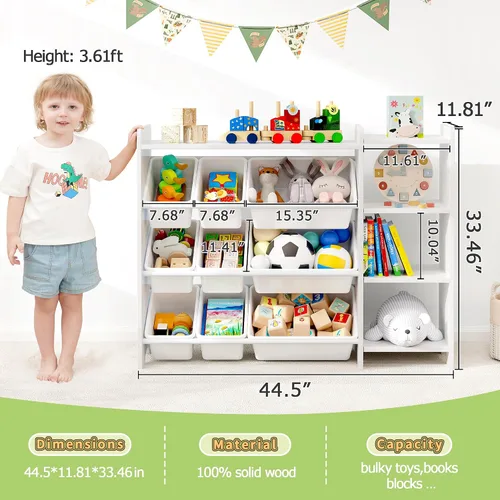 Vista 9 de MallBest Estante organizador de almacenamiento de juguetes para niños de 4 niveles, 100% madera maciza, armario de almacenamiento para niños con 9
