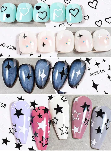 Vista 2 de CHANGAR Starlight - 6 hojas de calcomanías de uñas con lazo de estrella blanca y negra, suministros para mujeres y niñas, accesorios de manicura