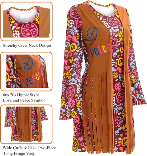 Vista 2 de Hippy Hippie Costume Women Teen Girl 60s 70s Outfit Clothes Hippie Halloween Costume for Women 70s Disco Costume Hippie Dress