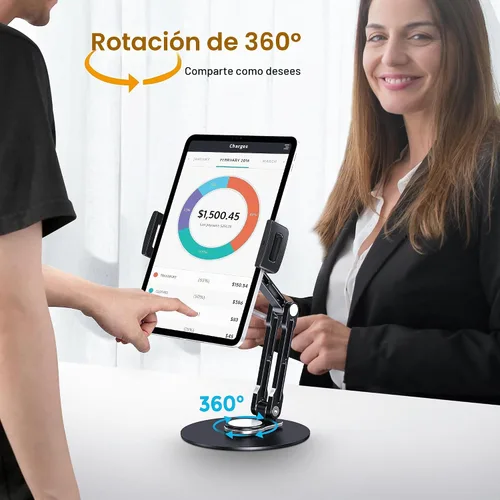 Vista 2 de Soporte para tableta para iPad, ajustable con base giratoria de 360 grados para escritorio, soporte giratorio de aluminio para tableta compatible