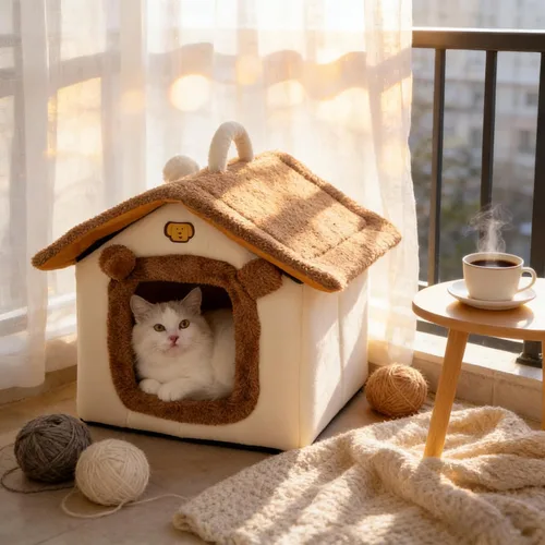 Vista 8 de Cama para gatos de interior, cama tipo cueva de gato con diseño de dibujos animados, diseño de mango, escondite suave para interiores, bonita casa