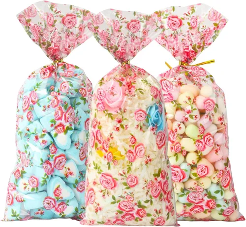 Vista 12 de 100 bolsas de celofán, bolsas de celofán transparente impresas con estrellas doradas de 3 x 5 pulgadas, 100 lazos giratorios, para envolver regalos