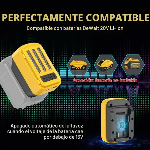 Vista 5 de Altavoz Bluetooth compatible con batería Dewalt de 20 V Max, altavoz inalámbrico con carga USB-A/C, para lugares de trabajo al aire libre, fiestas