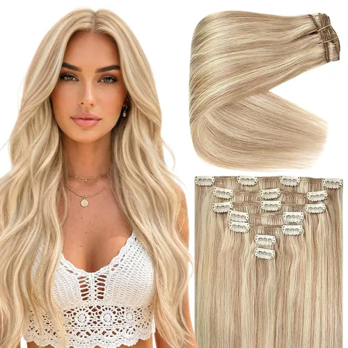 Vista 10 de Ve Sunny Extensiones de cabello clip-in de cabello humano real con reflejos, extensiones de cabello con clip para cabello corto, marrón oscuro