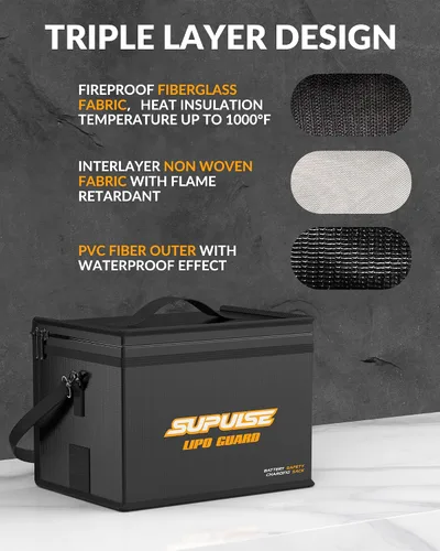 Vista 2 de SUPULSE Lipo Bolsa de batería ignífuga a prueba de explosiones Bolsa de gran capacidad para cargar batería y bolsa de protección de almacenamiento