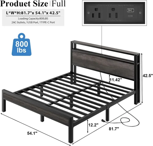Vista 52 de LOEWAY Base de cama tamaño Queen con cabecero de almacenamiento y luces LED, color gris