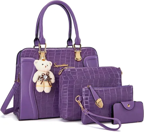 Vista 27 de Bolsos de mano de moda para mujer, bolsas tote, bolsas de hombro, bolsa con asa superior, cartera tipo satchel, juego de 4 piezas A-Negro