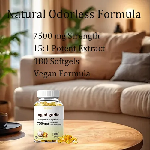Vista 2 de Elare Extracto de ajo envejecido, extracto de ajo envejecido Elare 7500 mg inodoro – 180 cápsulas blandas Orgánico, sin OMG, sin gluten Apoya