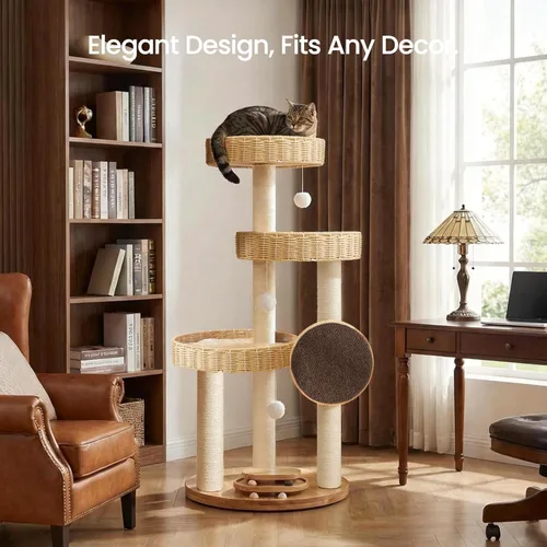 Vista 8 de Árbol de madera maciza para gatos grandes, torre moderna para gatos de 48 pulgadas con cestas tejidas a mano, condominio para gatos de varios