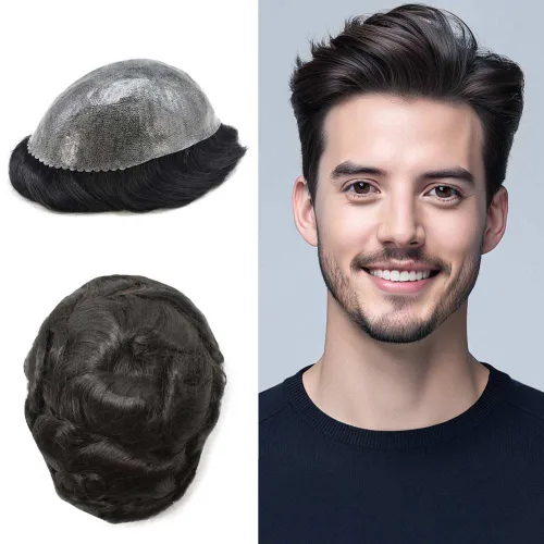 Vista 66 de Mens Toupee Hair System para hombres Piezas de pelo Sistema de reemplazo Poly Skin Toupee para hombres Protesis Capilar Para Hombre 6X8#1 Jet Black