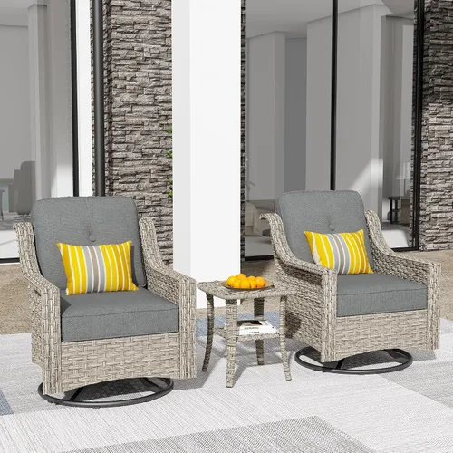 Vista 56 de HOOOWOOO Sofá de patio de 3 plazas de mimbre para exteriores, resistente a todo tipo de clima, con respaldo alto, muebles a juego (beige y bronceado)