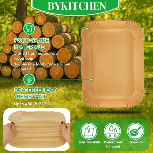 Vista 4 de BYKITCHEN 300 piezas de revestimientos para freidora de aire para Ninja Dual Airfryer, papel pergamino desechable rectangular para freidora de aire