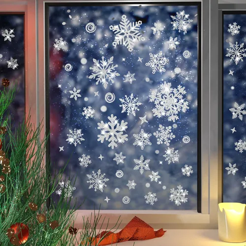Vista 4 de 222 calcomanías de ventana de copo de nieve con purpurina plateada, adhesivos reutilizables de Navidad, decoraciones de ventana de Navidad