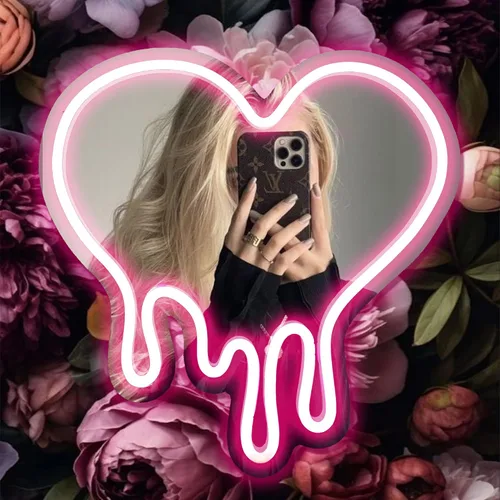 Vista 7 de DECANIT - Espejo de neón de corazón fundido rosa, decoración de pared LED alimentada por USB 12 x 12 in pink LED heart mirror decor, USB powered