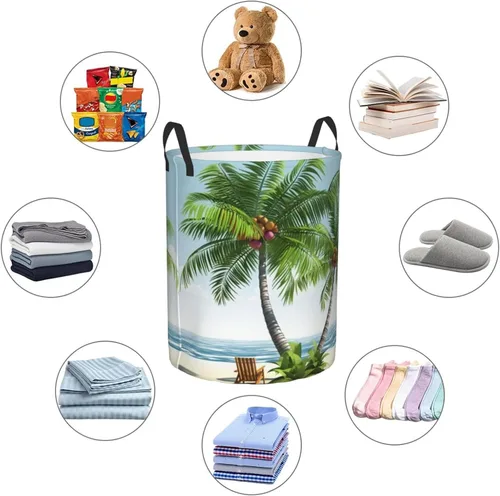 Vista 6 de Tropical Palm Tree print Circular Hamper Waterproof Storage Bin Organizer Basket Laundry Hamper With Handles For Clothes Toys Small