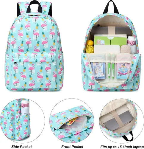 Vista 2 de Yusudan Juego de mochila escolar para niñas, mochila escolar para niños y adolescentes, con bolsa de almuerzo y bolsa para lápices, Verde flamenco