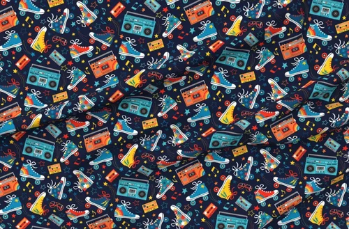 Vista 4 de Spoonflower Fabric Retro Rainbow Musical Notes on Chiffon Fat Quarter Roller Skates Skating Cassette Use for Sewing Fashion Apparel Dresses